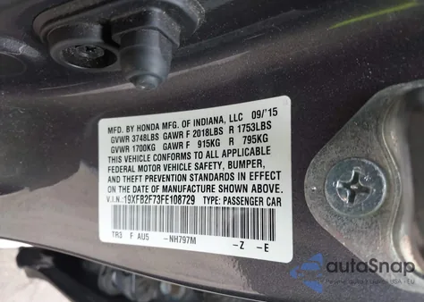 2015 Honda Civic Se из США, поврежденный, VIN 19XFB2F73FE108729